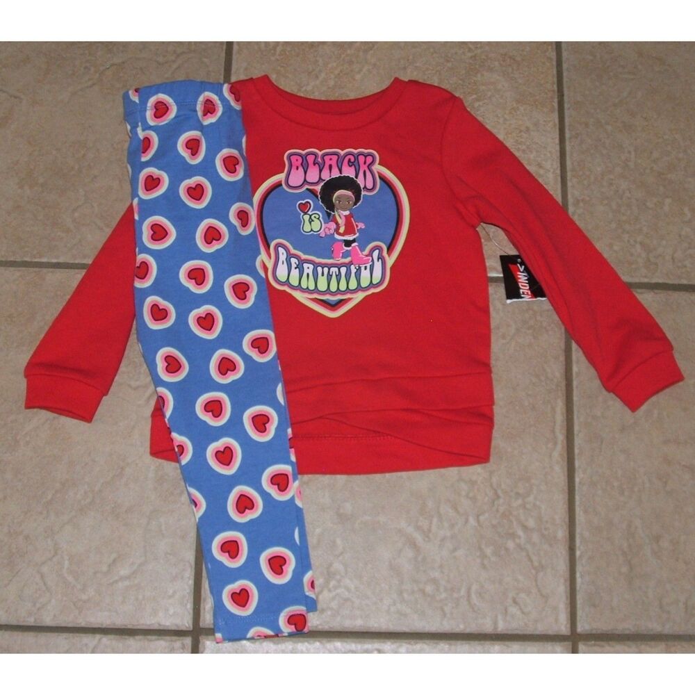 NEW Girls Sz 2 Toddler Red BLACK IS BEAUTIFUL Sweatshirt & Heart Leggings Outfit